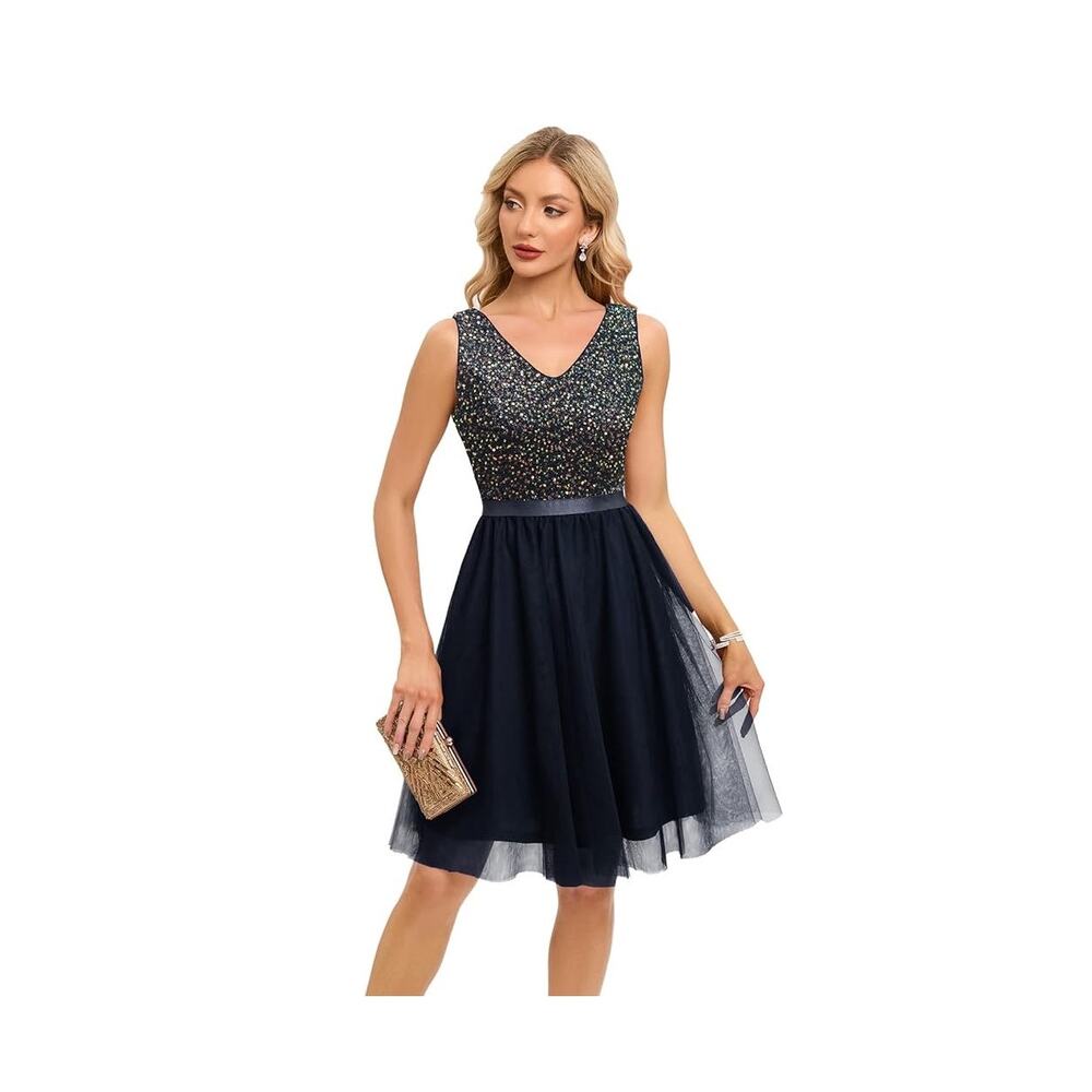 Meetjen Women's Dress Cocktail Dress Sequin Tulle Dress Short Sleeve Large